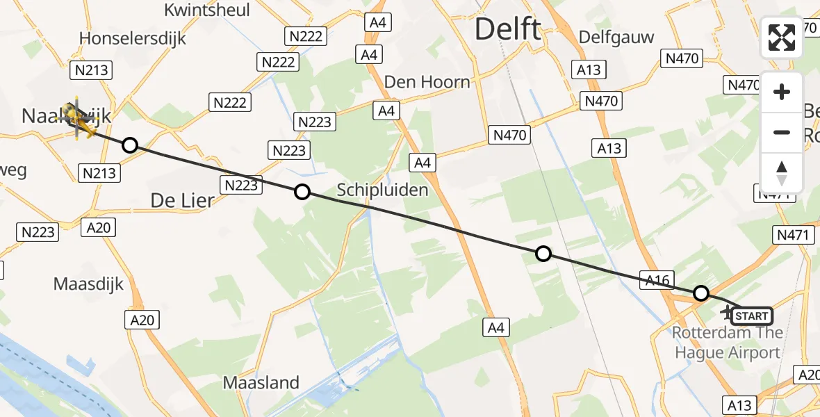 Vluchtroute Traumahelikopter Rotterdam The Hague Airport - Naaldwijk, 12 juni 2026, 07:54