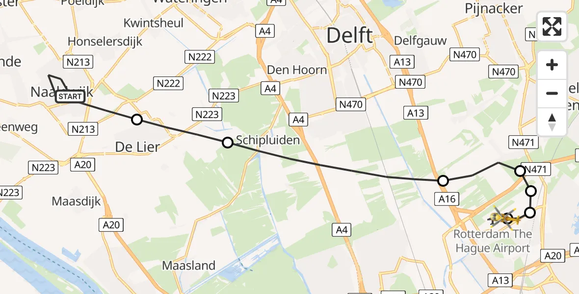 Vluchtroute Traumahelikopter Naaldwijk - Rotterdam The Hague Airport, 12 juni 2026, 08:19