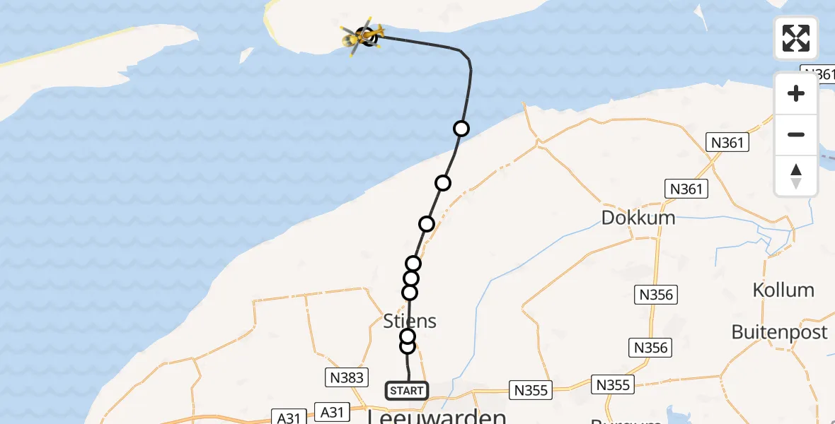 Vluchtroute Ambulancehelikopter Vliegbasis Leeuwarden - Ballum, 12 juni 2026, 14:19