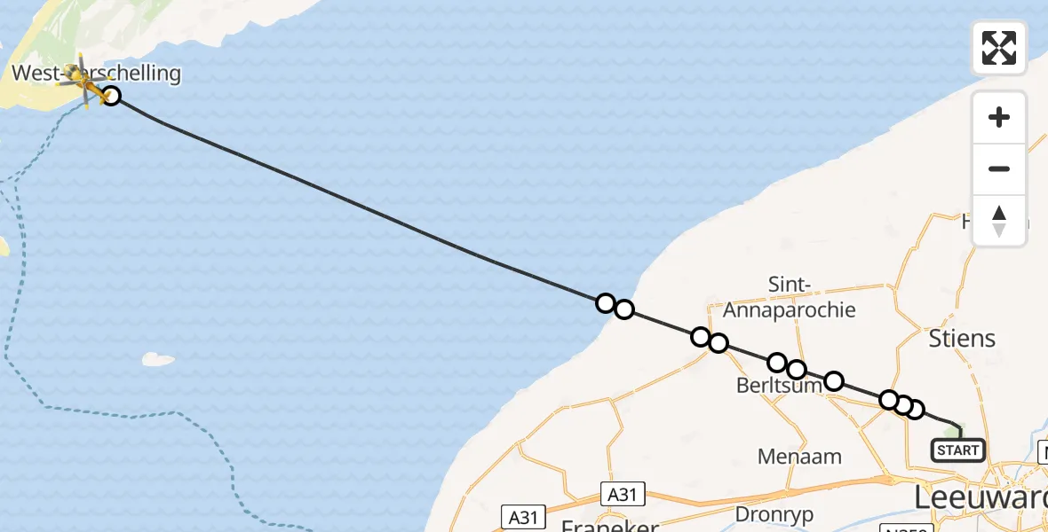 Vluchtroute Ambulancehelikopter Vliegbasis Leeuwarden - West-Terschelling, 12 juni 2026, 15:36