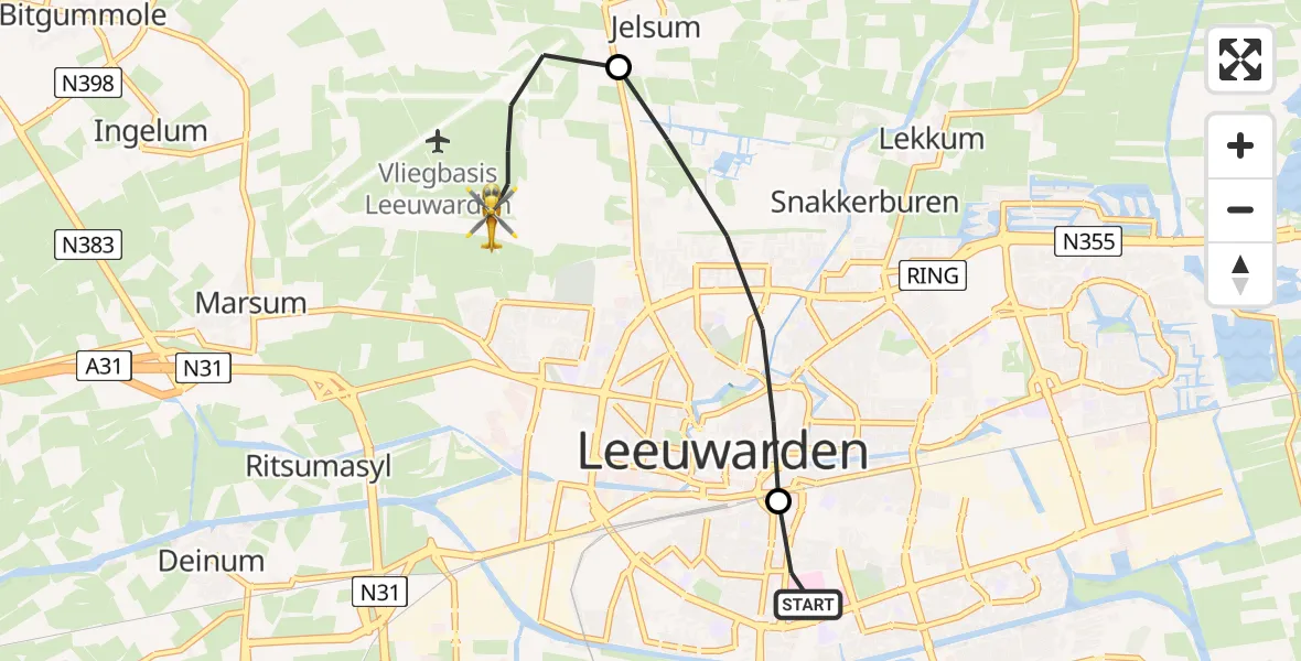 Vluchtroute Ambulancehelikopter Leeuwarden Medical Center Heliport - Vliegbasis Leeuwarden, 12 juni 2026, 16:37