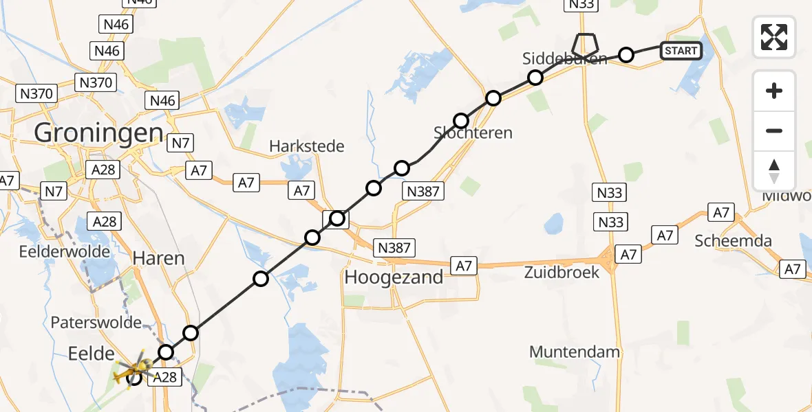 Vluchtroute Traumahelikopter Wagenborgen - Groningen Airport Eelde, 12 juni 2026, 17:47