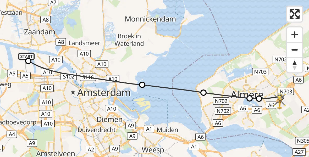 Vluchtroute Traumahelikopter Amsterdam Heliport - Almere, 12 juni 2026, 19:13