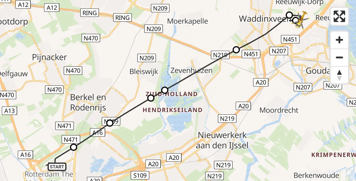 Vluchtroute Traumahelikopter Rotterdam The Hague Airport - Reeuwijk, 13 juni 2026, 04:36