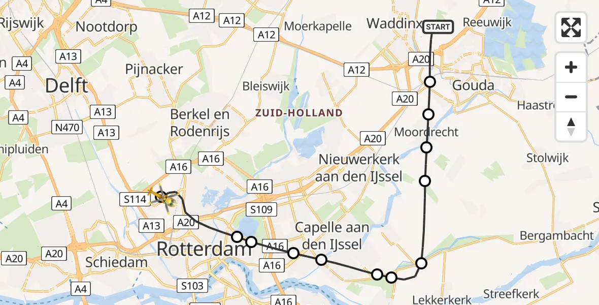 Vluchtroute Traumahelikopter Waddinxveen - Rotterdam The Hague Airport, 13 juni 2026, 05:04