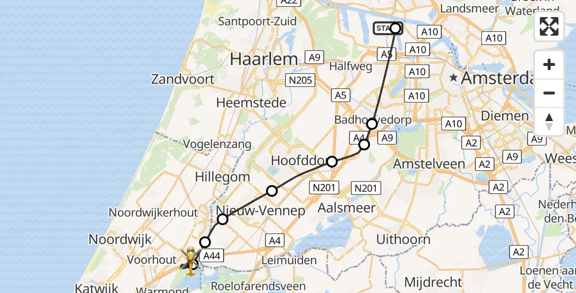 Vluchtroute Traumahelikopter Amsterdam Heliport - Sassenheim, 13 juni 2026, 07:01