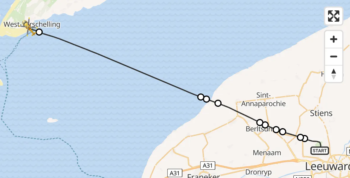 Vluchtroute Ambulancehelikopter Vliegbasis Leeuwarden - West-Terschelling, 13 juni 2026, 07:10