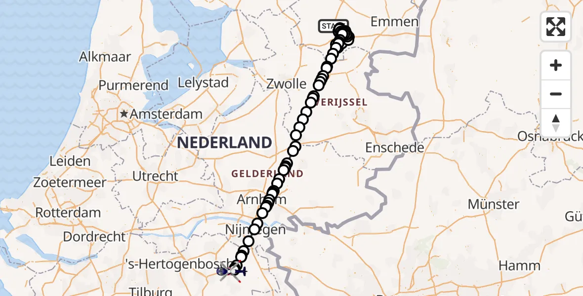 Vluchtroute Politiehelikopter Pesse - Vliegbasis Volkel, 13 juni 2026, 07:33