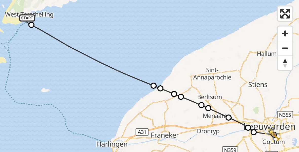 Vluchtroute Ambulancehelikopter West-Terschelling - Leeuwarden Medical Center Heliport, 13 juni 2026, 07:46