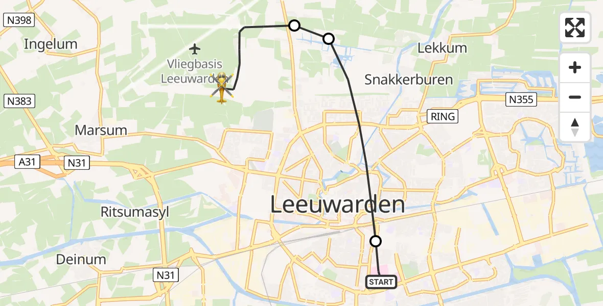 Vluchtroute Ambulancehelikopter Leeuwarden Medical Center Heliport - Vliegbasis Leeuwarden, 13 juni 2026, 08:27