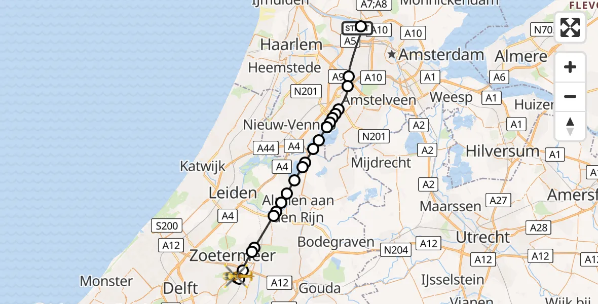 Vluchtroute Traumahelikopter Amsterdam Heliport - Bleiswijk, 13 juni 2026, 10:22