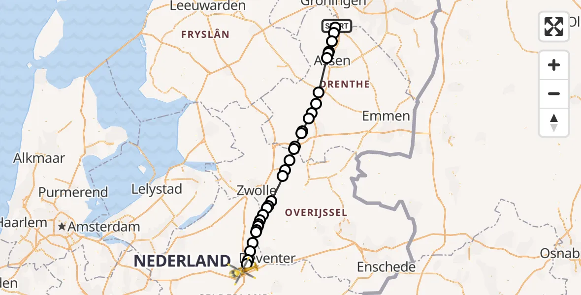 Vluchtroute Traumahelikopter Groningen Airport Eelde - Apeldoorn, 13 juni 2026, 10:47