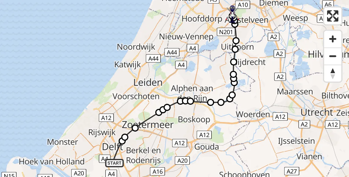 Vluchtroute Politiehelikopter Delft - Amsterdam Vliegveld Schiphol, 13 juni 2026, 11:08