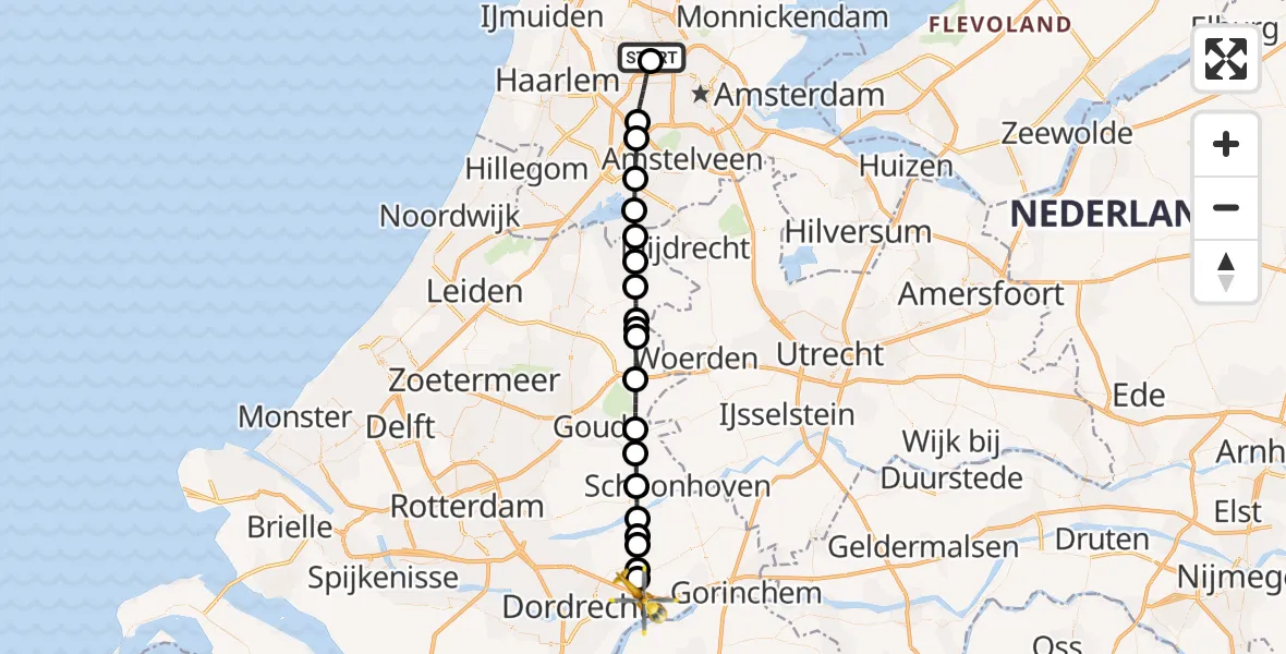 Vluchtroute Traumahelikopter Amsterdam Heliport - Sliedrecht, 13 juni 2026, 11:20