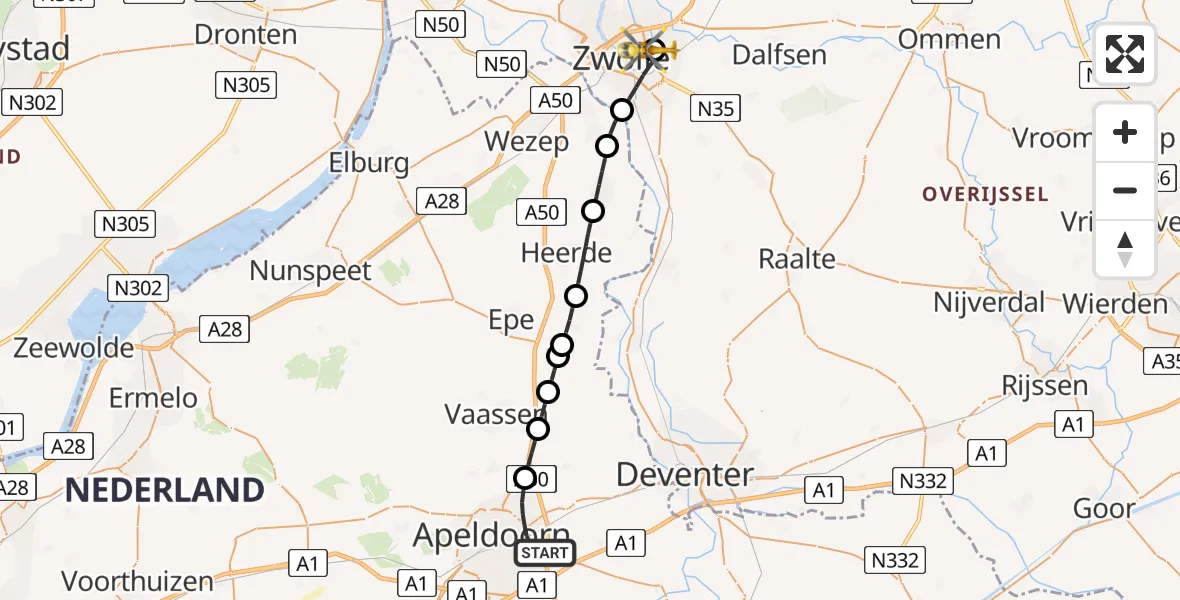 Vluchtroute Traumahelikopter Apeldoorn - Isala Hospital Zwolle Heliport, 13 juni 2026, 11:34