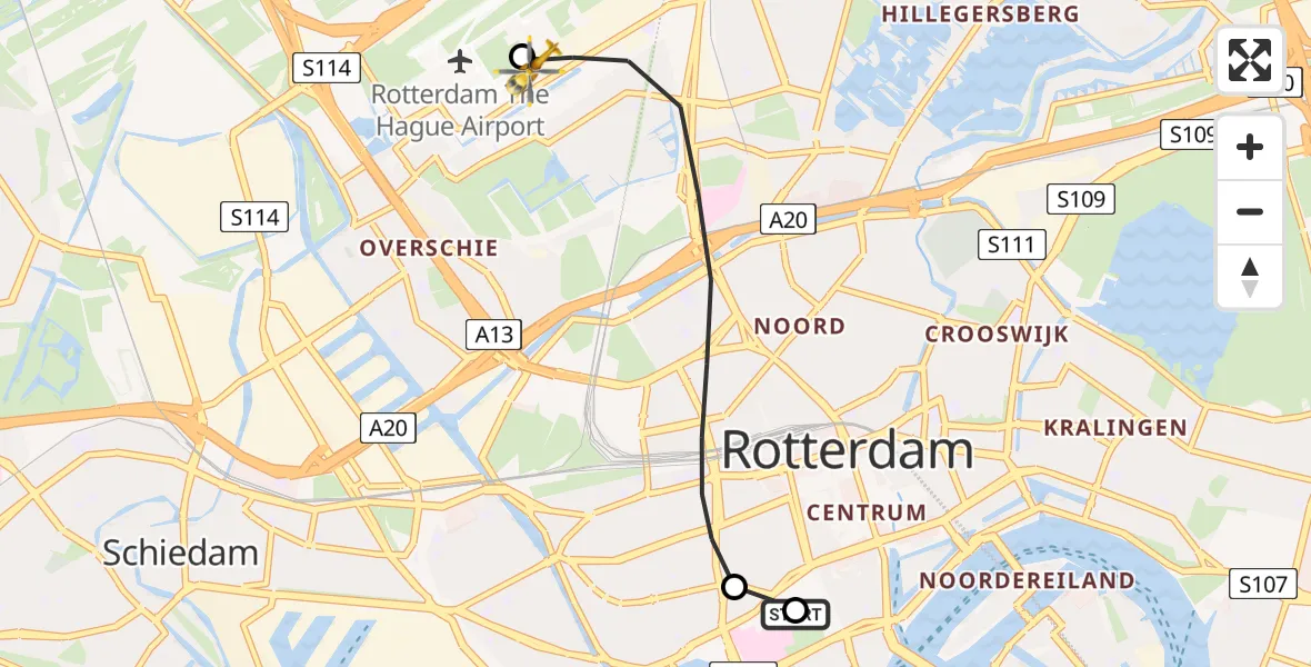 Vluchtroute Traumahelikopter Leids Universitair Medisch Centrum (LUMC) - Rotterdam The Hague Airport, 13 juni 2026, 11:49