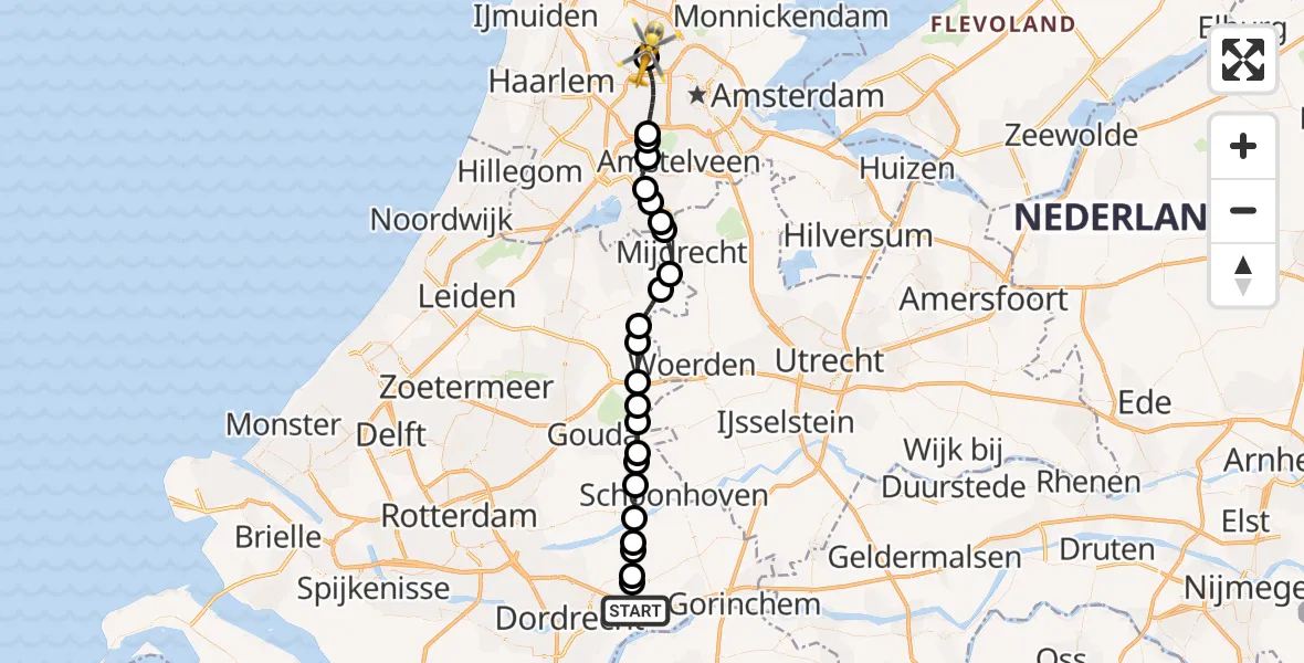 Vluchtroute Traumahelikopter Sliedrecht - Amsterdam Heliport, 13 juni 2026, 11:56