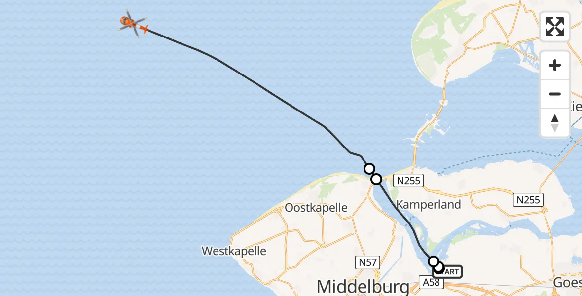 Vluchtroute Kustwachthelikopter Vliegveld Midden-Zeeland - Noordzee, 13 juni 2026, 13:14