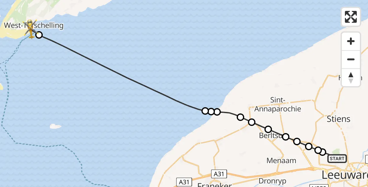 Vluchtroute Ambulancehelikopter Vliegbasis Leeuwarden - West-Terschelling, 13 juni 2026, 14:02