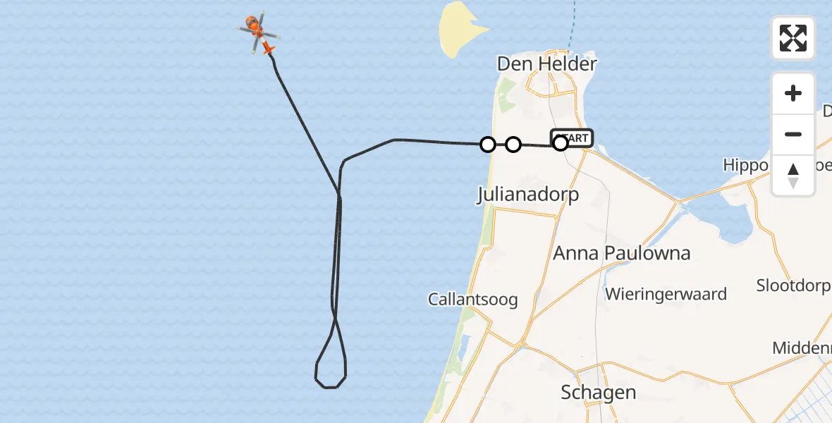 Vluchtroute Kustwachthelikopter Militair vliegveld De Kooy / Den Helder Airport - Noordzee, 13 juni 2026, 14:03