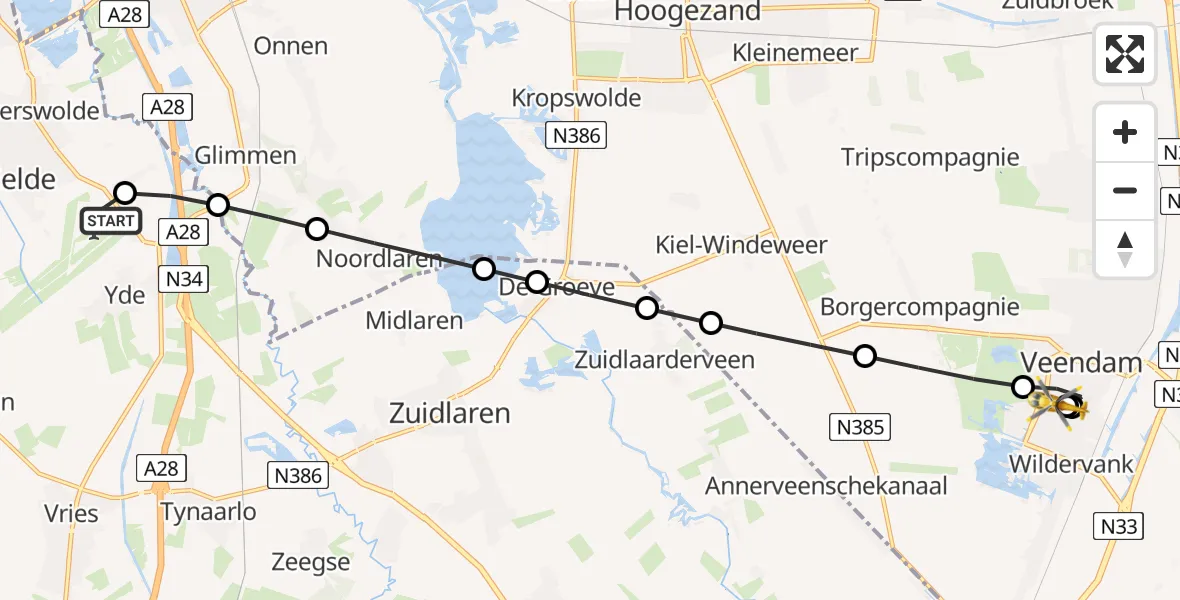 Vluchtroute Traumahelikopter Groningen Airport Eelde - Veendam, 13 juni 2026, 14:33