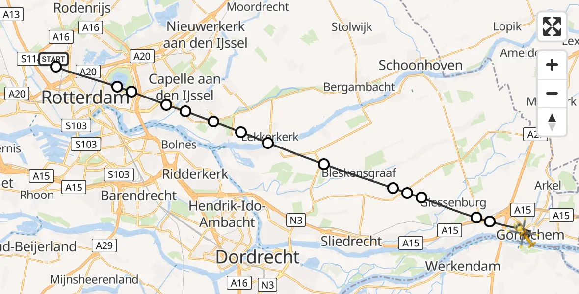 Vluchtroute Traumahelikopter Rotterdam The Hague Airport - Gorinchem, 13 juni 2026, 14:46