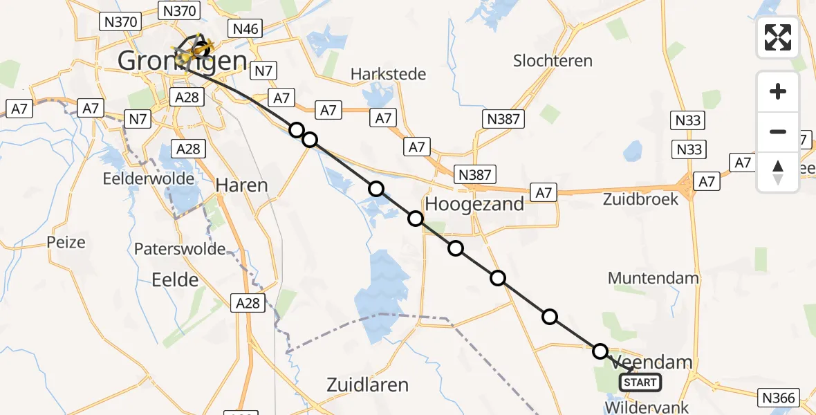 Vluchtroute Traumahelikopter Veendam - Universitair Medisch Centrum Groningen, 13 juni 2026, 15:06