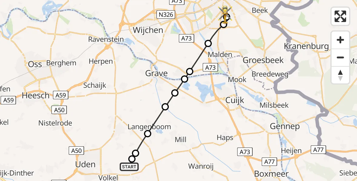Vluchtroute Traumahelikopter Vliegbasis Volkel - Radboud University Medical Center Heliport, 13 juni 2026, 15:07