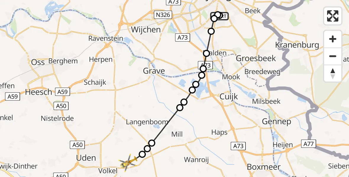 Vluchtroute Traumahelikopter Radboud Universitair Medisch Centrum - Vliegbasis Volkel, 13 juni 2026, 15:29