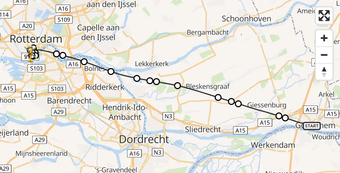 Vluchtroute Traumahelikopter Gorinchem - Erasmus Medisch Centrum Heliport, 13 juni 2026, 15:50