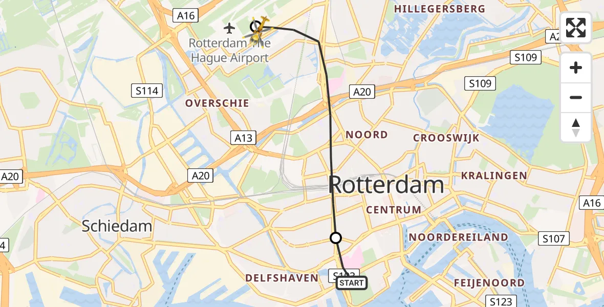 Vluchtroute Traumahelikopter Erasmus MC - Rotterdam The Hague Airport, 13 juni 2026, 16:48