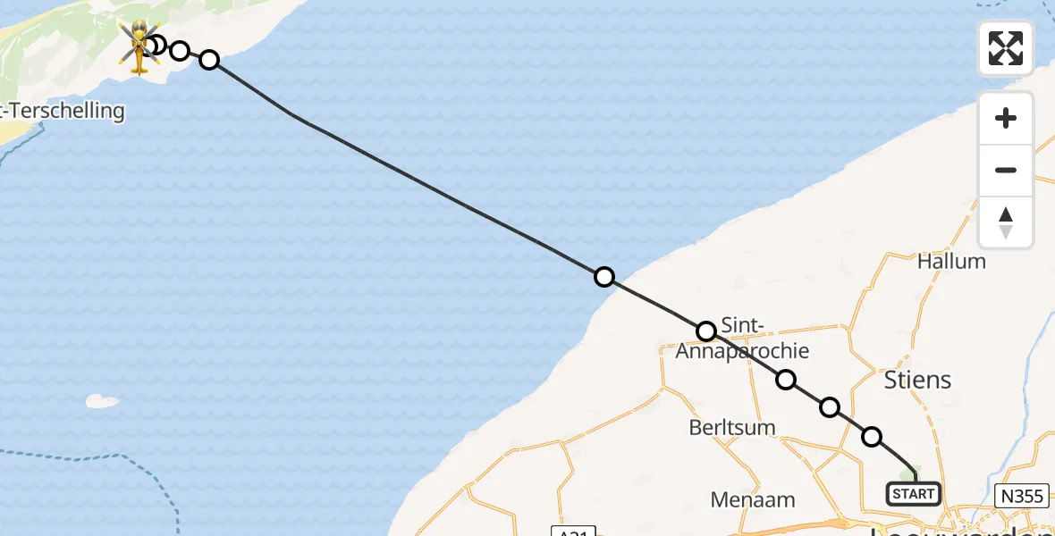 Vluchtroute Ambulancehelikopter Vliegbasis Leeuwarden - Terschelling Heliport, 13 juni 2026, 17:03