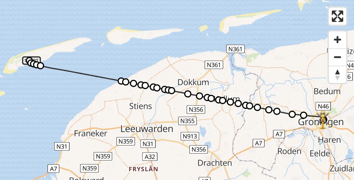 Vluchtroute Ambulancehelikopter Terschelling Heliport - Universitair Medisch Centrum Groningen, 13 juni 2026, 17:33
