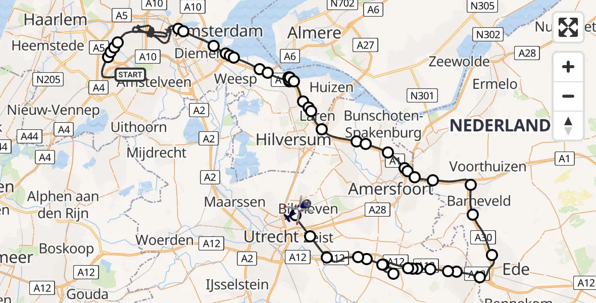 Vluchtroute Politiehelikopter Amsterdam Vliegveld Schiphol - Bilthoven, 13 juni 2026, 17:57
