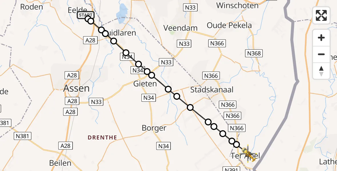 Vluchtroute Traumahelikopter Groningen Airport Eelde - Ter Apel, 13 juni 2026, 18:13