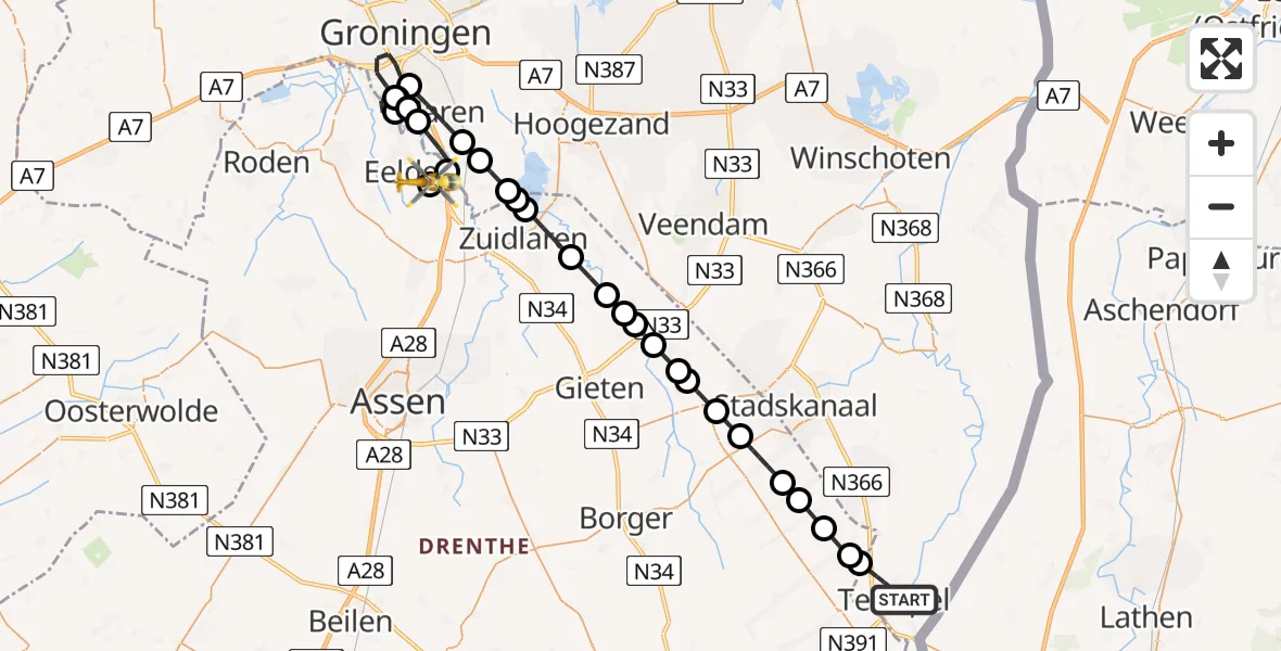 Vluchtroute Traumahelikopter Ter Apel - Groningen Airport Eelde, 13 juni 2026, 19:24