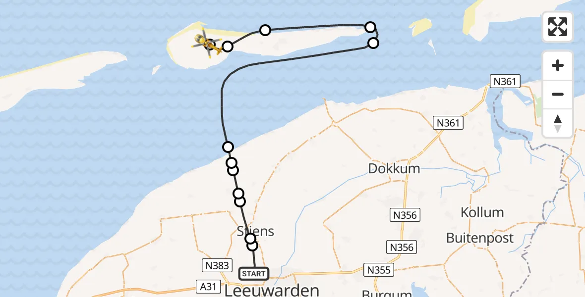 Vluchtroute Ambulancehelikopter Vliegbasis Leeuwarden - Ameland Vliegveld Ballum, 13 juni 2026, 21:06