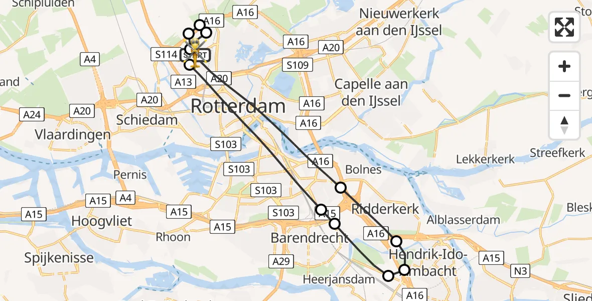 Vluchtroute Traumahelikopter Rotterdam The Hague Airport - Rotterdam The Hague Airport, 13 juni 2026, 21:08