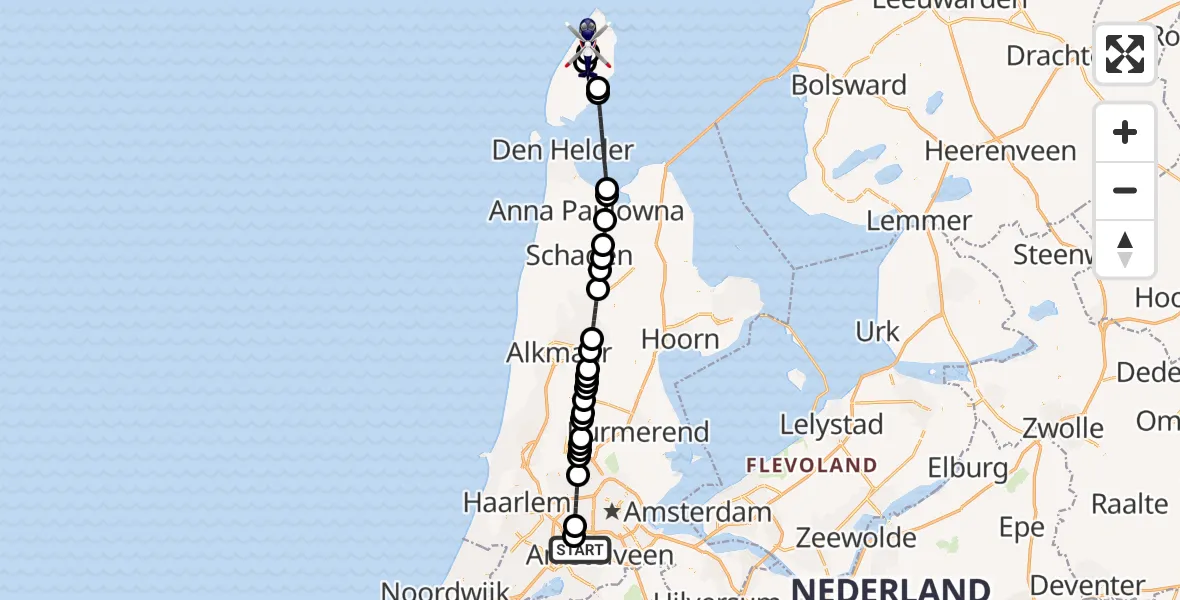 Vluchtroute Politiehelikopter Amsterdam Vliegveld Schiphol - Texel International Airport, 13 juni 2026, 21:20