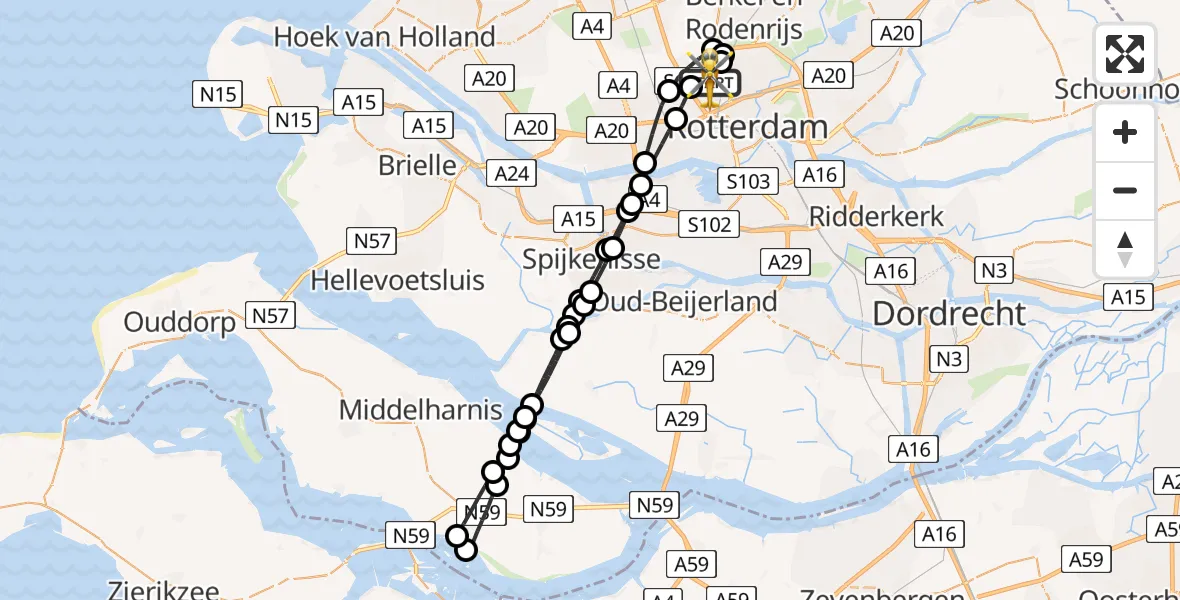 Vluchtroute Traumahelikopter Rotterdam The Hague Airport - Rotterdam The Hague Airport, 13 juni 2026, 21:33