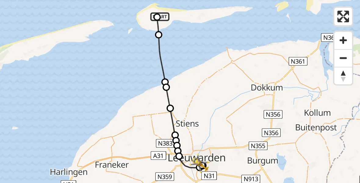 Vluchtroute Ambulancehelikopter Ameland Vliegveld Ballum - Leeuwarden Medical Center Heliport, 13 juni 2026, 21:41