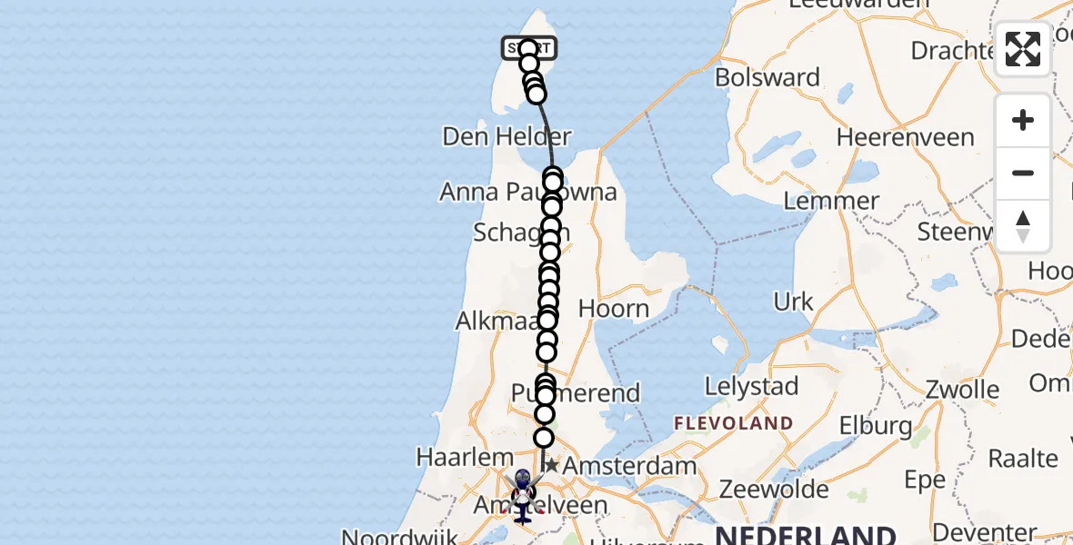 Vluchtroute Politiehelikopter Texel International Airport - Amsterdam Vliegveld Schiphol, 13 juni 2026, 23:03