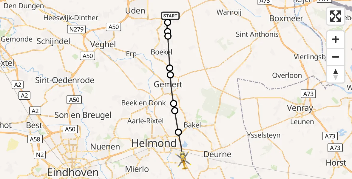 Vluchtroute Traumahelikopter Vliegbasis Volkel - Helmond, 13 juni 2026, 23:48