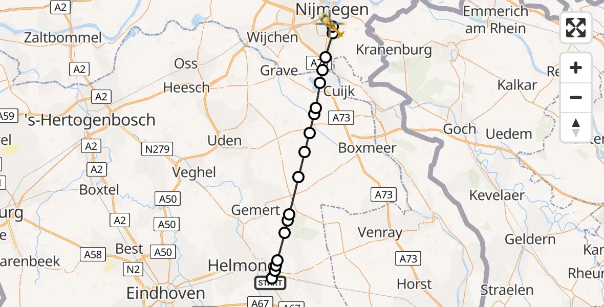 Vluchtroute Traumahelikopter Helmond - Radboud University Medical Center Heliport, 14 juni 2026, 00:13