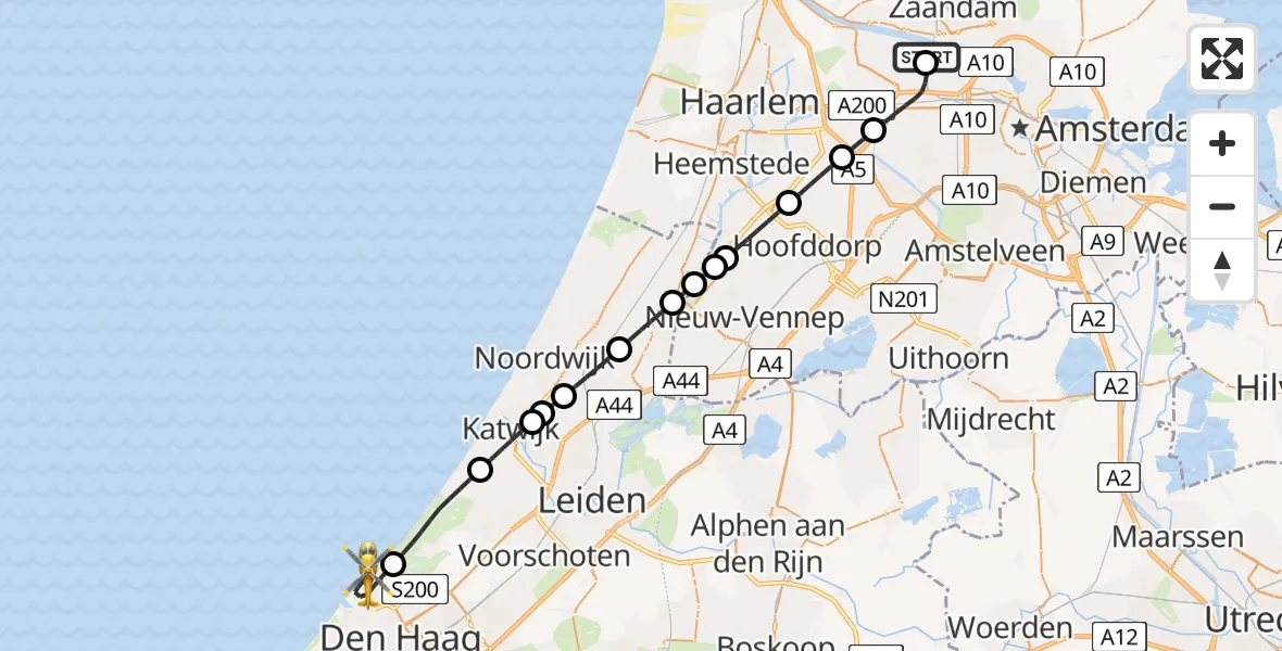 Vluchtroute Traumahelikopter Amsterdam Heliport - 's-Gravenhage, 14 juni 2026, 00:14