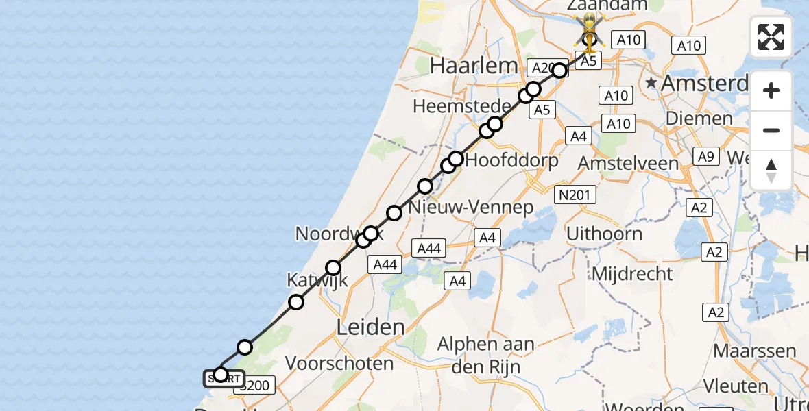Vluchtroute Traumahelikopter 's-Gravenhage - Amsterdam Heliport, 14 juni 2026, 00:45