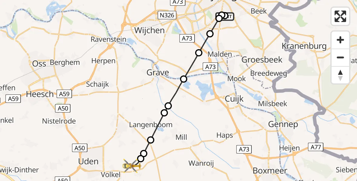 Vluchtroute Traumahelikopter Radboud Universitair Medisch Centrum - Vliegbasis Volkel, 14 juni 2026, 00:55