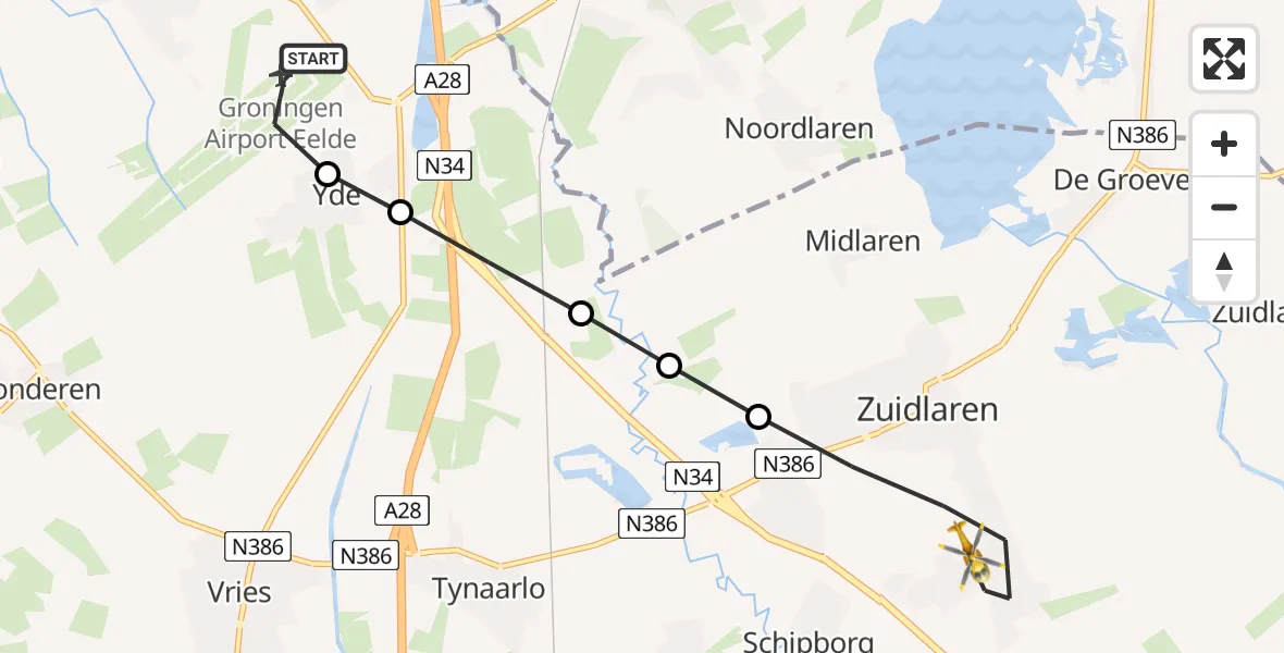 Vluchtroute Traumahelikopter Groningen Airport Eelde - Zuidlaren, 14 juni 2026, 02:52