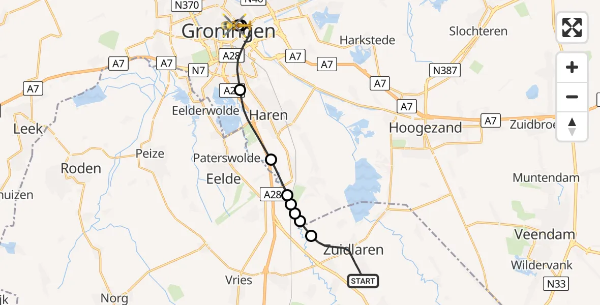 Vluchtroute Traumahelikopter Zuidlaren - Universitair Medisch Centrum Groningen, 14 juni 2026, 03:35