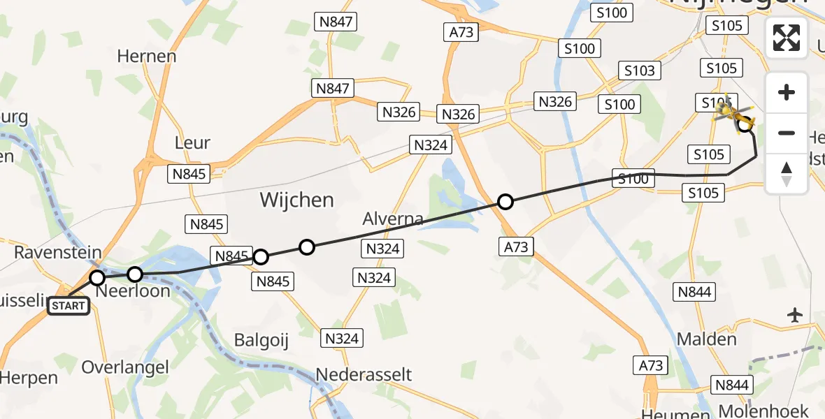 Vluchtroute Traumahelikopter Ravenstein - Radboud University Medical Center Heliport, 14 juni 2026, 03:59